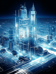3D立体蓝色科技感光感城市建筑背景10