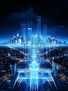 3D立体蓝色科技感光感城市建筑背景9