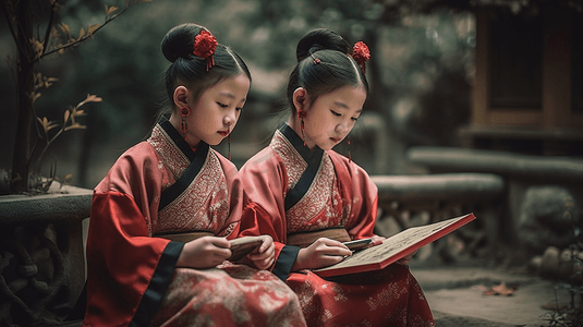 古代人物中国风摄影照片_古装汉服儿童公园里看书女孩