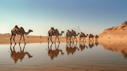 在沙漠湖上行走的骆驼