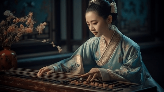 传统中国风工笔画摄影照片_工笔画古风汉服中国风美女弹琴