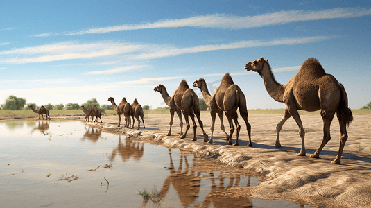 行走的骆驼摄影照片_白天在沙漠湖上行走的一群骆驼