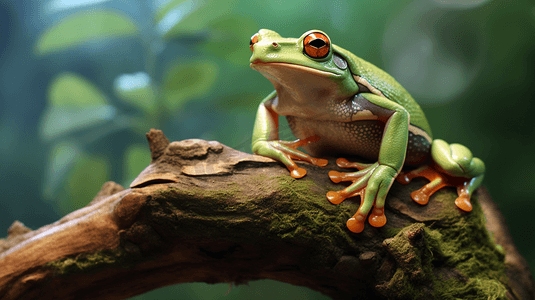 一只绿色的青蛙坐在树枝上
