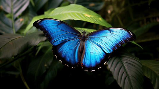 动物蝴蝶摄影照片_绿叶上蓝黑相间的蝴蝶1