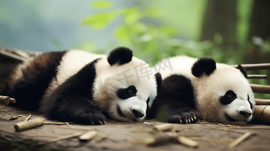 熊猫人卡通摄影照片_躺在地板上的熊猫