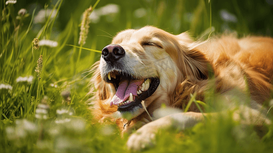 宠物狗玩耍摄影照片_花丛中开心玩耍的金毛犬3