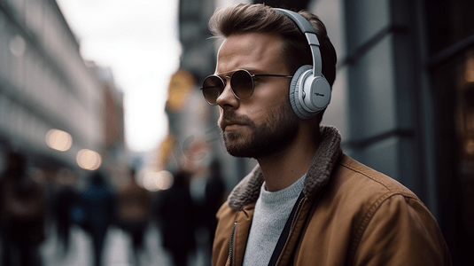 男性带耳机听音乐