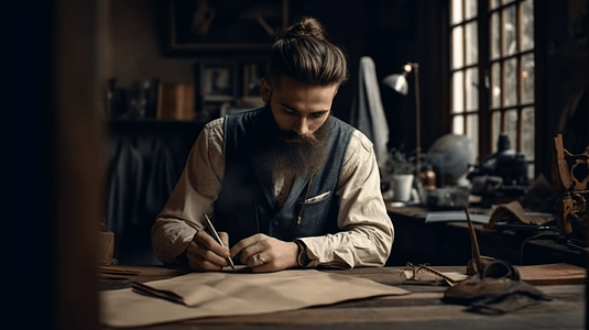 英俊的裁缝男留着胡子穿着白衬衣与附近的木桌和线程和剪刀在古董家具与模特的惊人工作室工作背景的棕色皮制背带