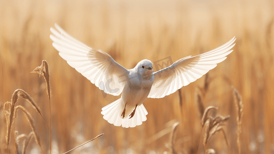白鸟白天在棕色草地上飞翔