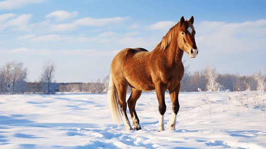 棕色的马站在雪地上