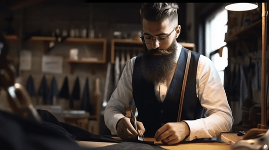 英俊的裁缝男留着胡子穿着白衬衣与附近的木桌和线程和剪刀在古董家具与模特的惊人工作室工作背景的棕色皮制背带眼镜