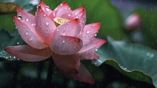 国潮风粉色鸟摄影照片_夏天夏季粉色荷花荷叶雨天雨水雨滴植物