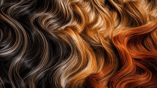 一束闪亮的直棕色头发呈波浪形弯曲的特写视图
