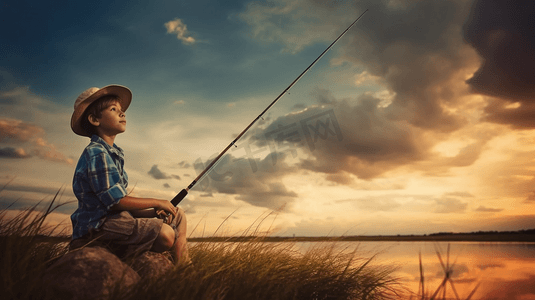 夕阳下小渔夫小男孩肩上扛着钓鱼竿走路