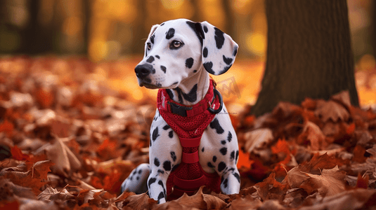 达尔马提亚犬白天穿着红白相间的衬衫坐在干树叶上