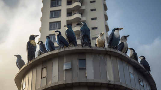 一群鸟坐在一座高楼的顶部屋檐上的鸟