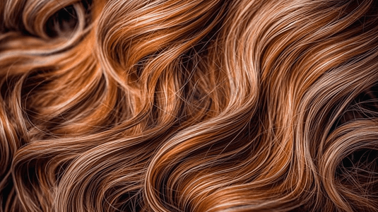 红色发束摄影照片_一束闪亮的直黑头发呈波浪形弯曲的特写视图红棕色假发