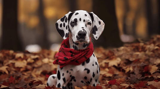 达尔马提亚犬穿着红白相间的衬衫坐在干树叶上