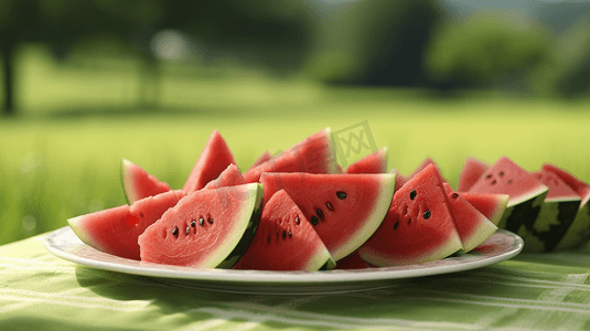 水果西瓜夏天夏季夏日防暑大暑三伏一盘西瓜在桌子上