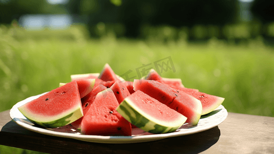 西瓜水果一盘西瓜在桌子上夏季三伏夏天夏日防暑大暑