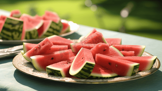 水果摄影照片_夏天夏季西瓜一盘西瓜在桌子上防暑水果