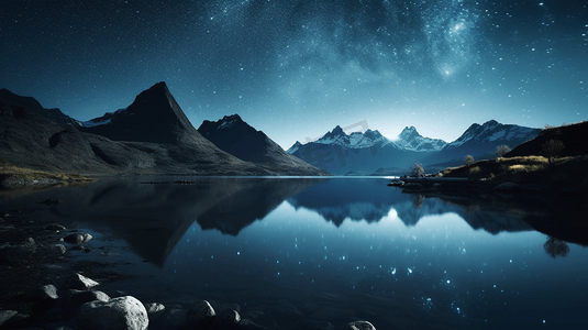 夜晚的繁星和群山围绕的湖泊