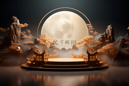 中秋背景3d背景图片_3D中国风圆月中秋产品展示展台