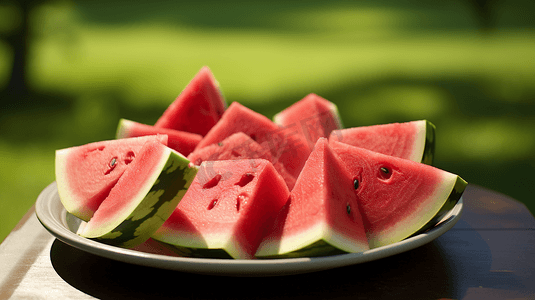 水果摄影照片_夏天大暑西瓜一盘西瓜在桌子上防暑水果夏日夏季