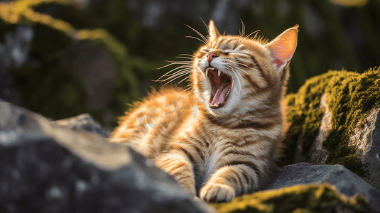 一只猫在岩石上打哈欠1