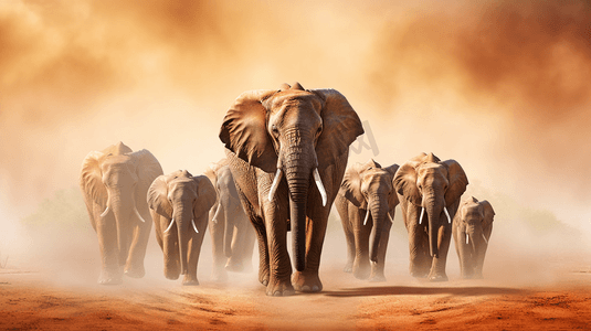 动物行走摄影照片_白天在棕色田野上行走的一群大象
