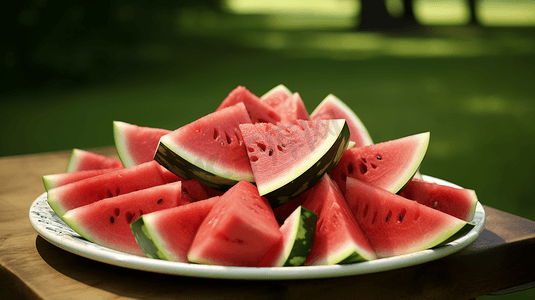 水果摄影照片_西瓜水果一盘西瓜在桌子上夏天夏季夏日防暑大暑三伏