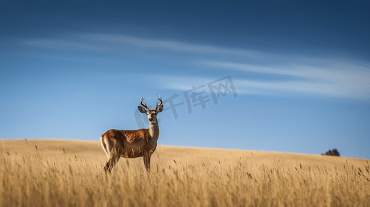 草地1摄影照片_蓝天下草地上的一只鹿1