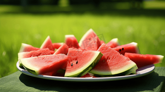 水果摄影照片_夏天西瓜一盘西瓜在桌子上防暑水果夏日夏季