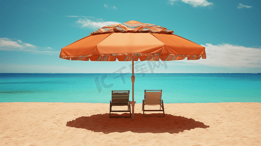 沙滩躺椅遮阳伞摄影照片_海滩上的遮阳伞躺椅