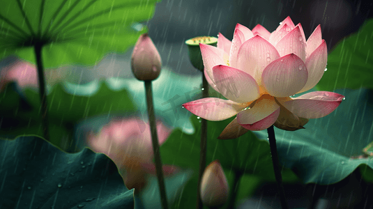 夏天夏季池塘里的荷花荷叶植物花朵花粉色下雨天雨水雨滴