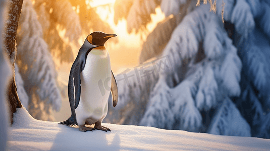 一只企鹅正站在树旁的雪地里