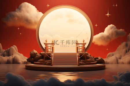 圆月中秋背景背景图片_3D中国风圆月中秋产品展示展台