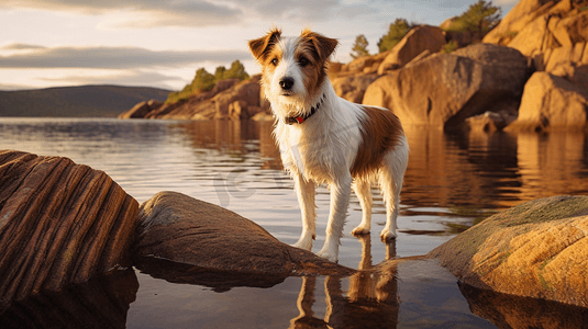 白天，白褐色的短毛狗在靠近水体的棕色岩石上