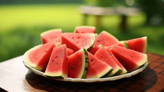 水果摄影照片_西瓜水果一盘西瓜在桌子上夏天夏日防暑大暑三伏夏季