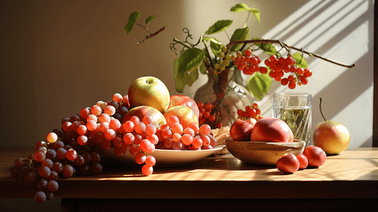 光照下桌子上有一堆水果葡萄苹果