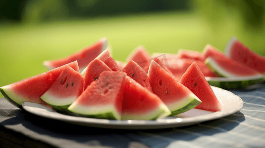 夏天夏季夏日水果大暑三伏西瓜一盘西瓜在桌子上防暑