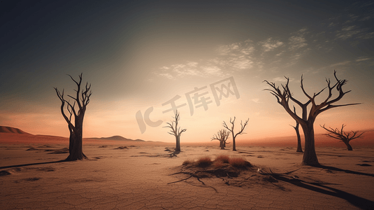 沙漠枯树摄影照片_沙漠中干枯的树林2