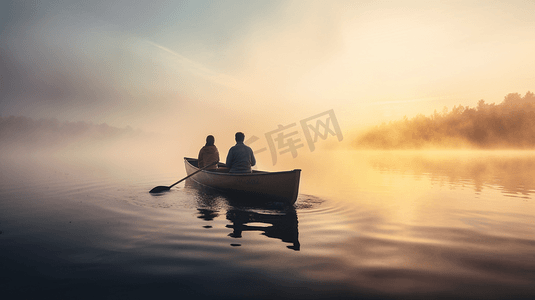 两个人在雾蒙蒙的湖面上划船1