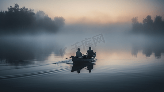 两个人在雾蒙蒙的湖面上划船3