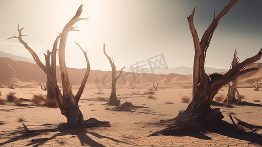 沙漠枯树摄影照片_沙漠中干枯的树林3