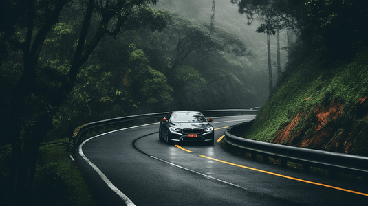 汽车行驶在树木环绕的道路上2