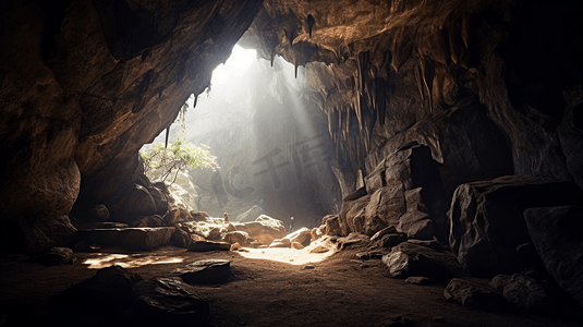 光效光线金色摄影照片_照向洞穴深处的光线1