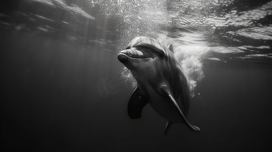 一只在海洋中游泳的海豚黑白照