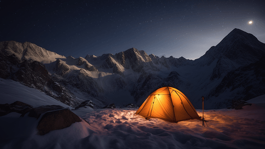 露营摄影照片_夜间在雪山脚下露营搭帐篷1