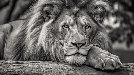 张牙舞爪狮子摄影照片_一张狮子躺下的黑白照片